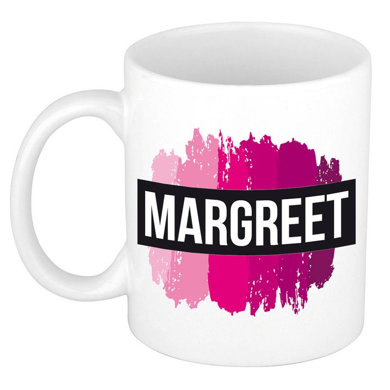 Foto van Naam cadeau mok / beker margreet met roze verfstrepen 300 ml - naam mokken