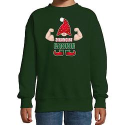 Foto van Bellatio decorations kersttrui/sweater voor jongens - sterkste gnoom - groen - kerst kabouter 9-11 jaar (134/146) - kers