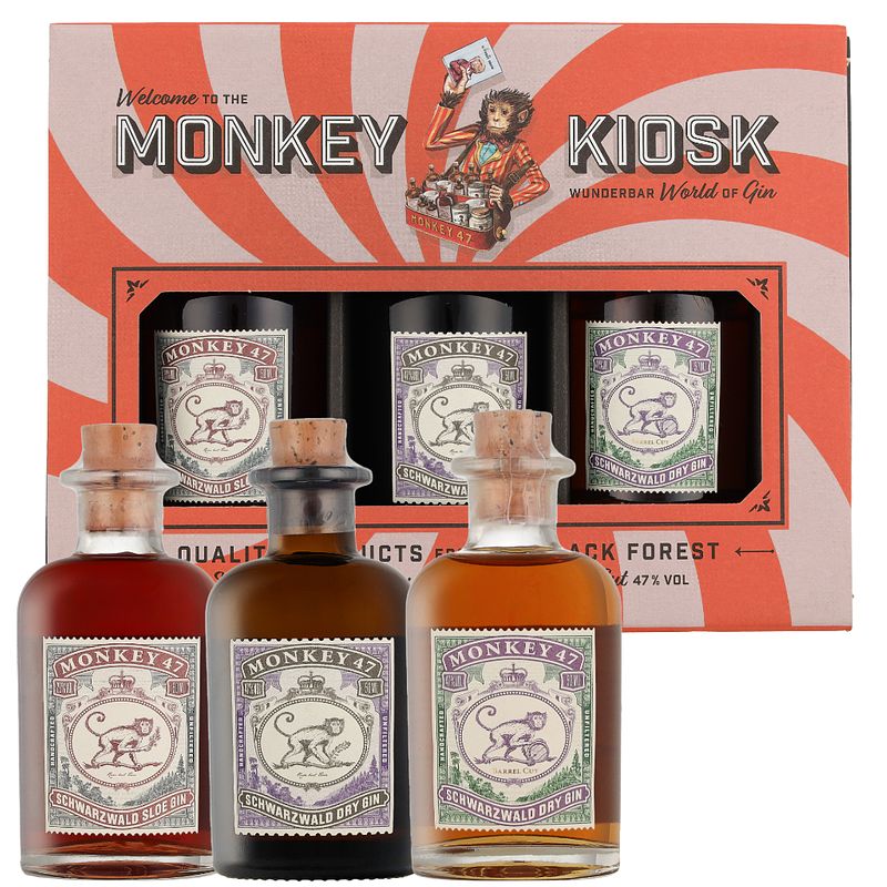 Foto van Monkey 47 kiosk (3x5cl) 15cl gin + giftbox