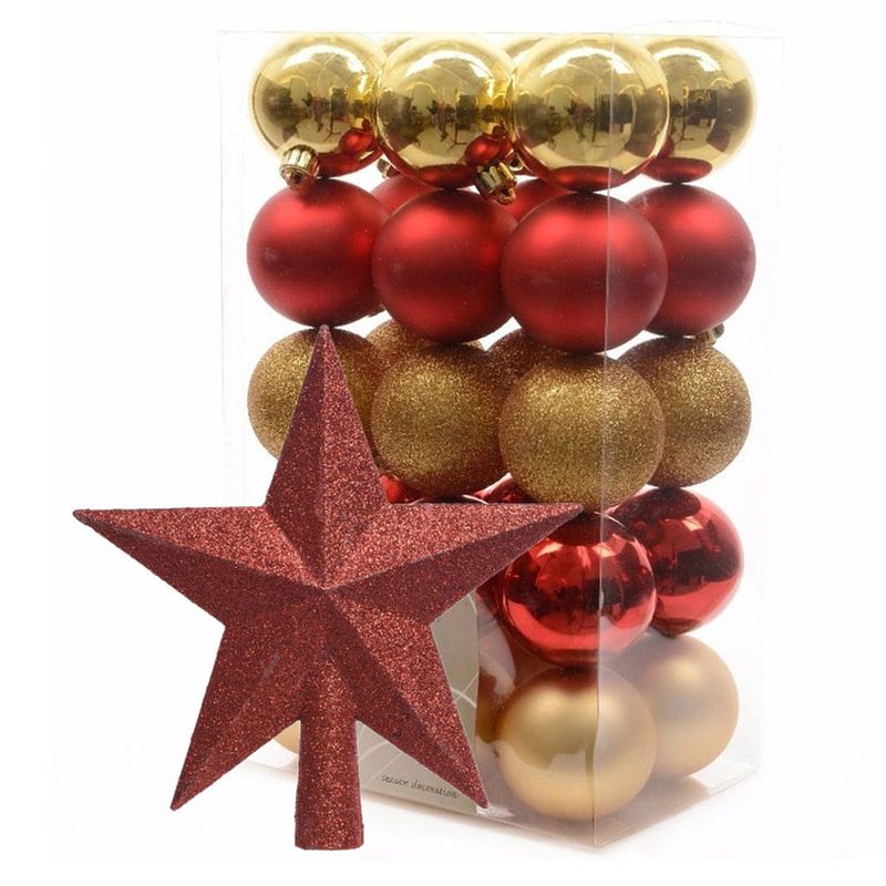 Foto van Kerstballen 30x stuks 6 cm rood-goud met ster piek rood kunststof - kerstbal