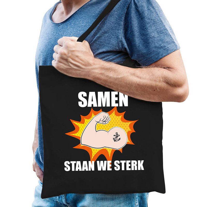 Foto van Samen staan we sterk tas coronacrisis zwart voor heren - feest boodschappentassen