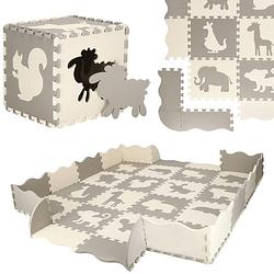 Foto van Speelmat speelmat foam puzzelmat figuren dieren 16 puzzelstukken 150 x 150 cm crème/grijs