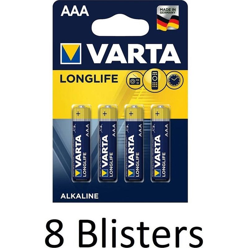 Foto van 32 stuks (8 blisters a 4 st) varta longlife aaa alkaline batterij