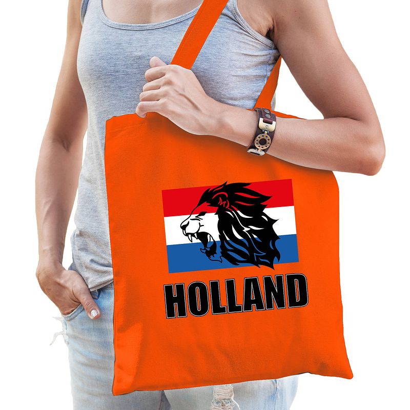 Foto van Holland leeuw met vlag supporter cadeau tas oranje voor dames en heren - feest boodschappentassen