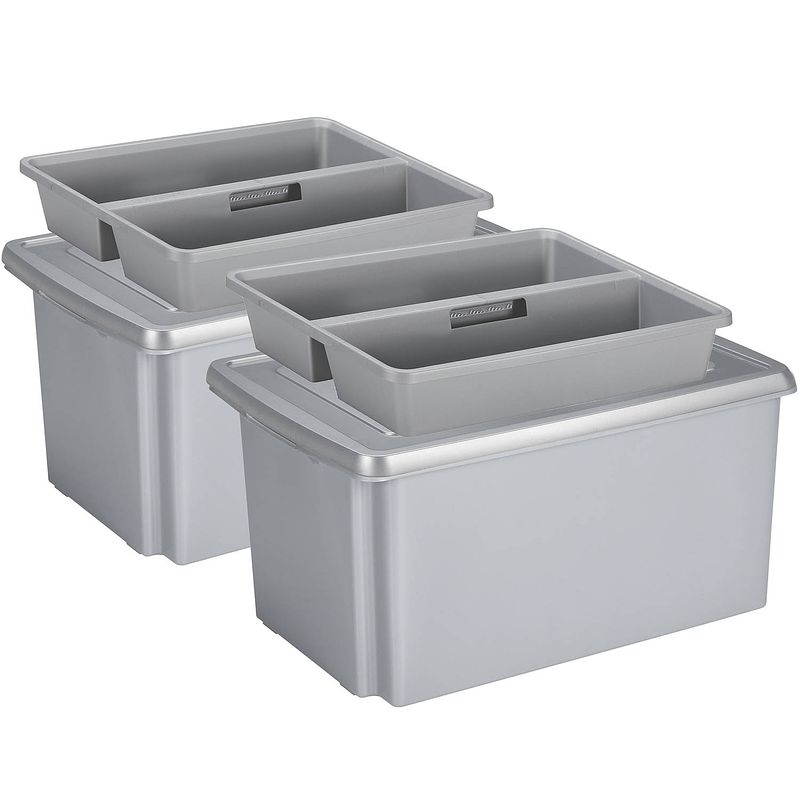 Foto van Sunware 2x opslagbox kunststof 51 liter grijs 59 x 39 x 29 cm met deksel en organiser tray - opbergbox