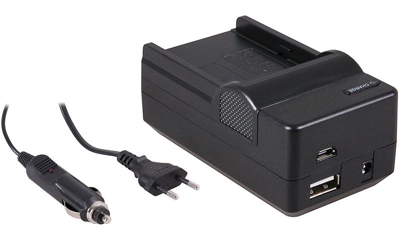 Foto van 4-in-1 acculader voor panasonic vw-vbd1 accu - compact en licht - laden via stopcontact, auto, usb en powerbank