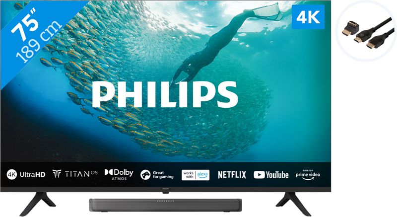 Foto van Philips 75pus7009  + soundbar + hdmi kabel