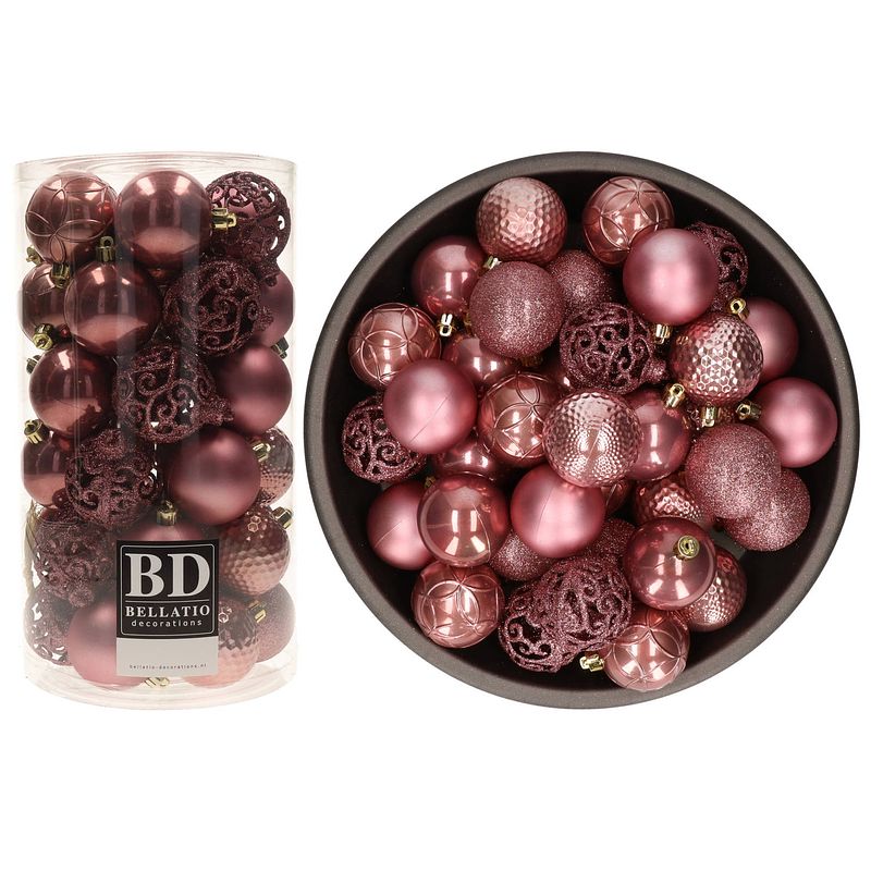 Foto van 74x stuks kunststof kerstballen oudroze (velvet pink) 6 cm glans/mat/glitter mix - kerstbal