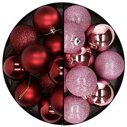 Foto van 24x stuks kunststof kerstballen mix van donkerrood en roze 6 cm - kerstbal