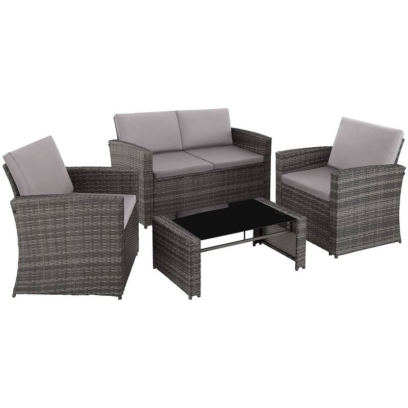 Foto van Tectake® - wicker zitgroep loungeset tuinset lucca - 1 bank/2 stoelen/1 tafel met glasplaat - grijs - 404918