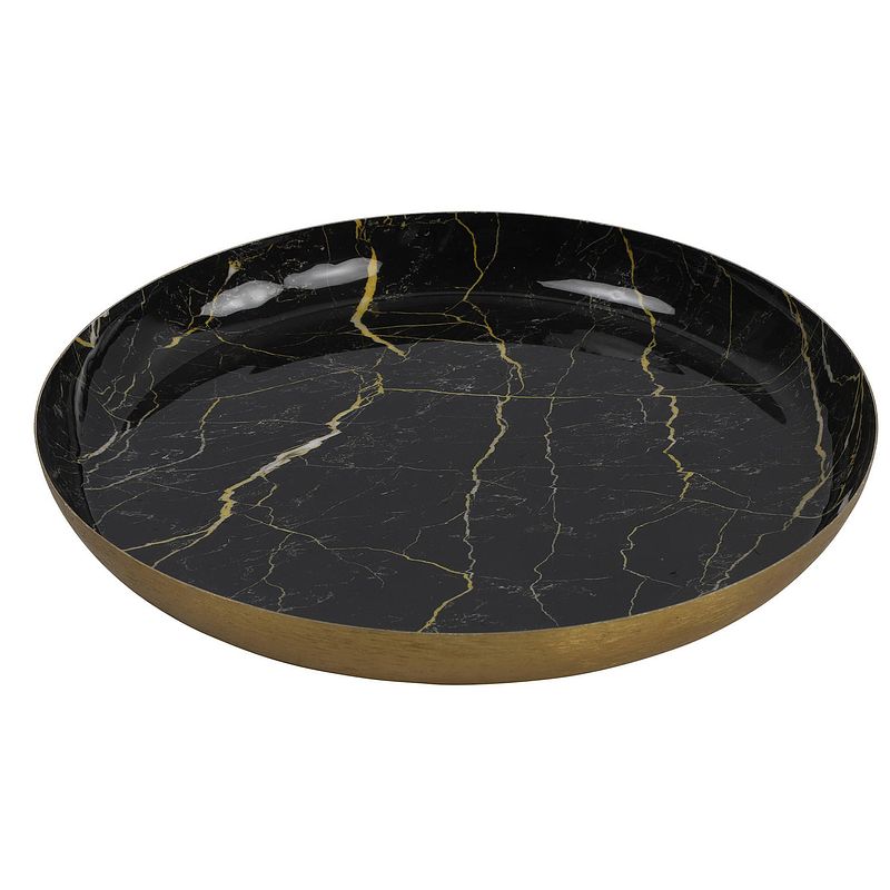 Foto van Dienblad/serveer tray marble - metaal - zwart/goud - dia 26 cm - dienbladen