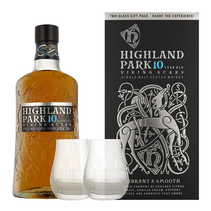 Foto van Highland park 10 years viking scars + 2 glazen 0.7 liter whisky