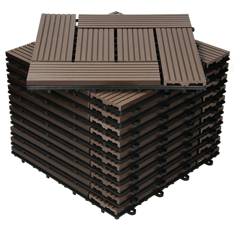 Foto van Ecd germany wpc patio tegels 30x30cm 33er spar set für 3m² donkerbruin mozaïekhout look voor tuinbalkonvloeren