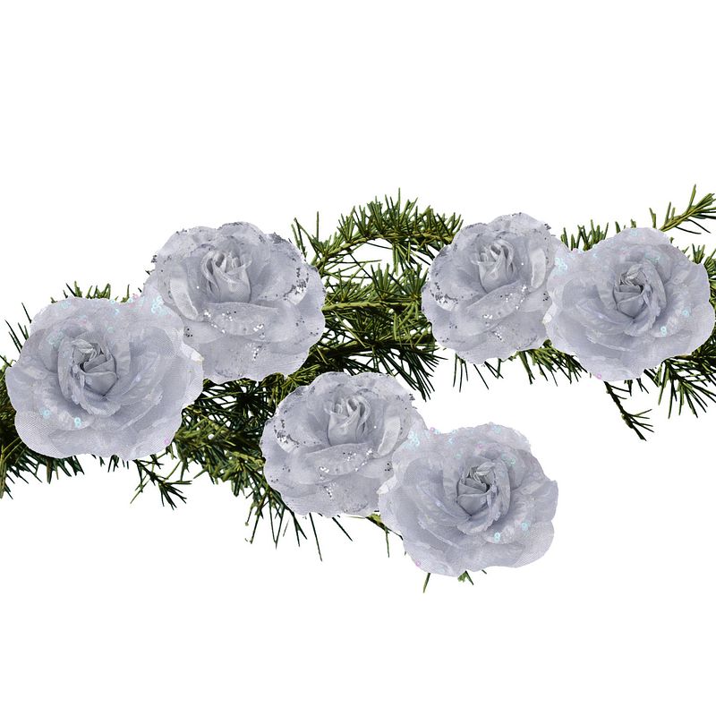 Foto van 6x stuks decoratie bloemen rozen zilver op clip 9 cm - kersthangers