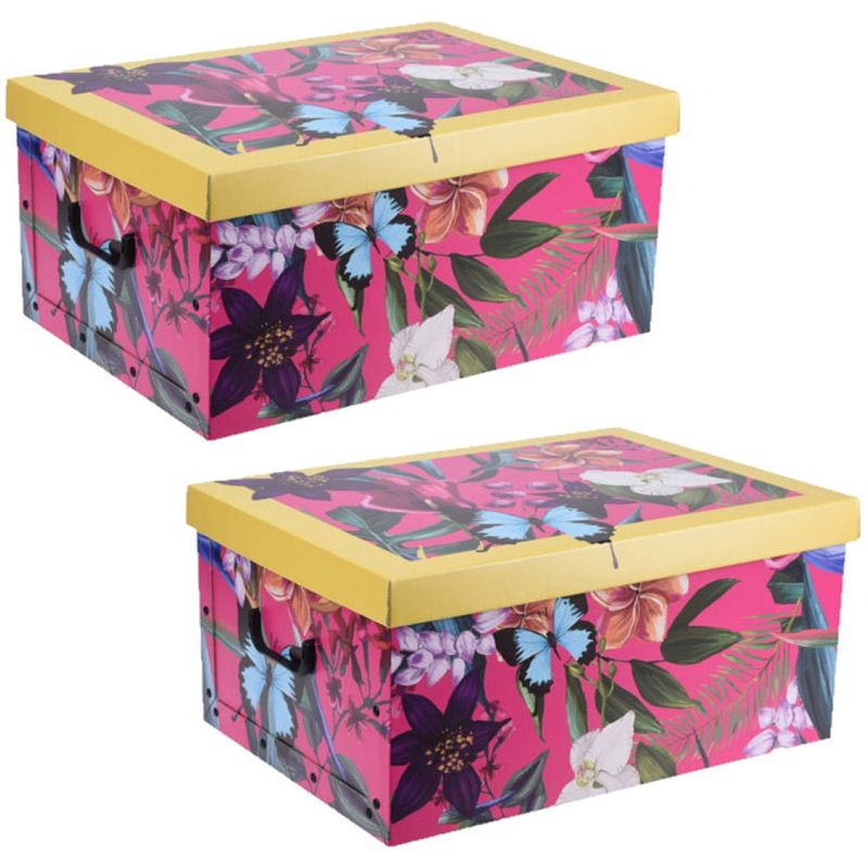 Foto van 3x stuks opbergdoos/opberg box van karton met bloemen print geel 51 x 37 x 24 cm - opbergbox