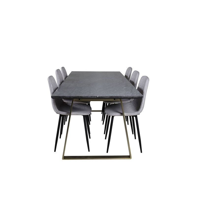 Foto van Estelleblbr eethoek eetkamertafel zwart, marmer en 6 polar diamond eetkamerstal grijs.