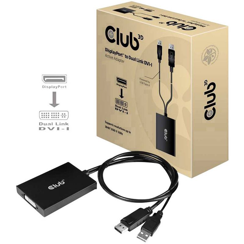 Foto van Club3d cac-1010 displayport adapter [1x displayport stekker, usb-a 2.0 stekker - 1x dvi-bus 24+5-polig] zwart 0.60 m