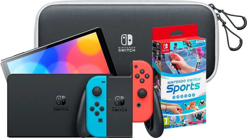 Foto van Nintendo switch oled rood/blauw + nintendo switch sports + hoesje