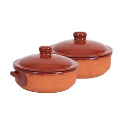 Foto van 2x terracotta braadpannen/ovenschalen klein met deksel 24 cm - braadpannen