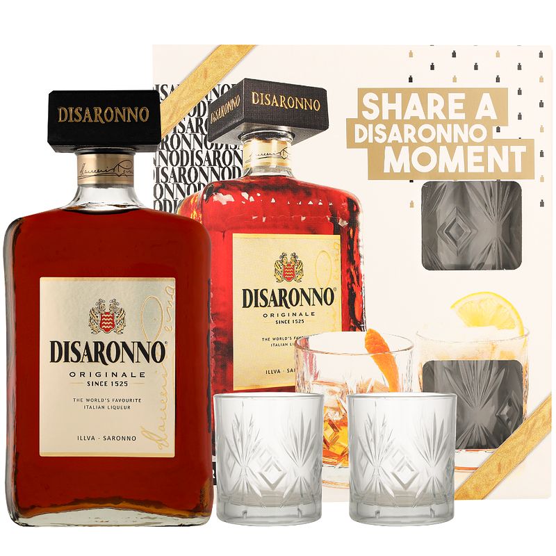 Foto van Disaronno originale + 2 glazen 70cl likeur