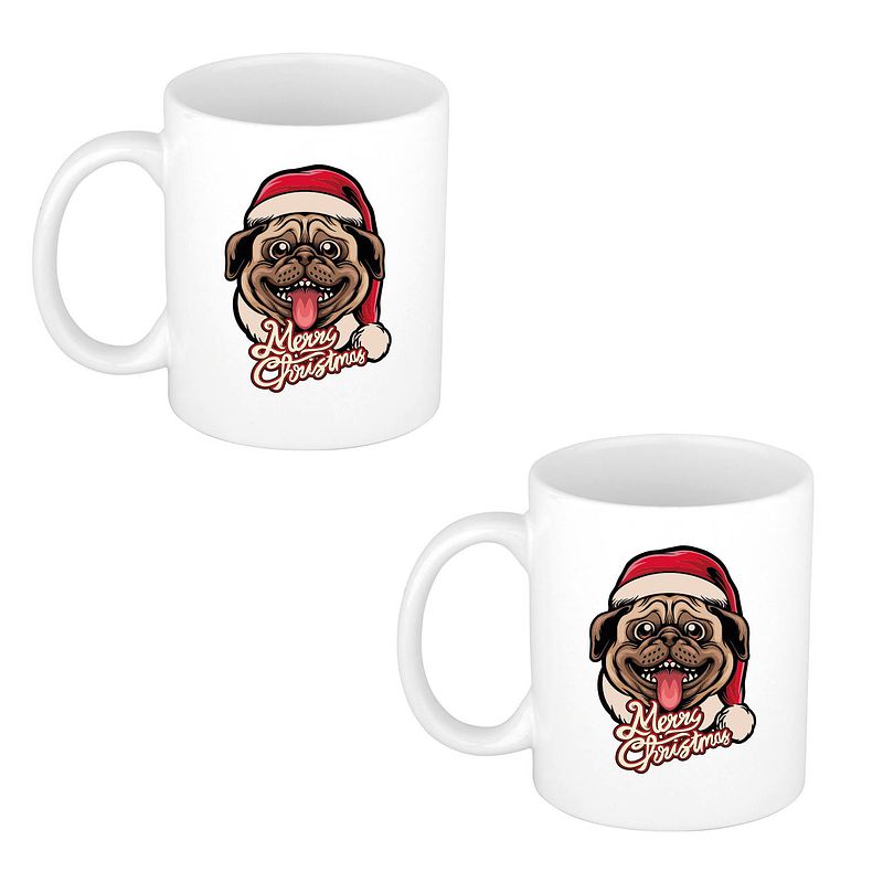 Foto van 2x stuks merry christmas hond kerstmok / kerstbeker wit 300 ml - bekers