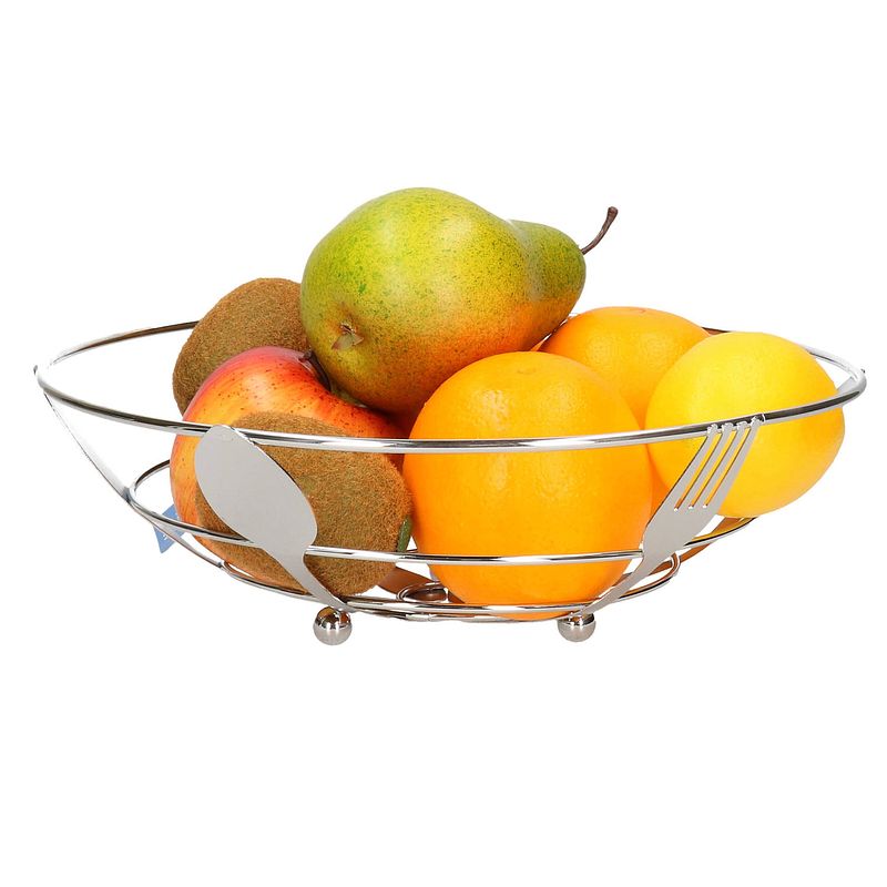 Foto van Metalen fruitschaal/fruitmand bestek zilver rond 26 cm - fruitschalen