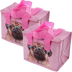 Foto van Set van 2x stuks kleine koeltassen voor lunch roze met mopshond print 16 x 21 x 14 cm 4,7 liter - koeltas