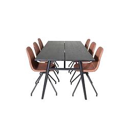 Foto van Sleek eethoek eetkamertafel uitschuifbare tafel lengte cm 195 / 280 zwart en 6 polar eetkamerstal pu kunstleer bruin.