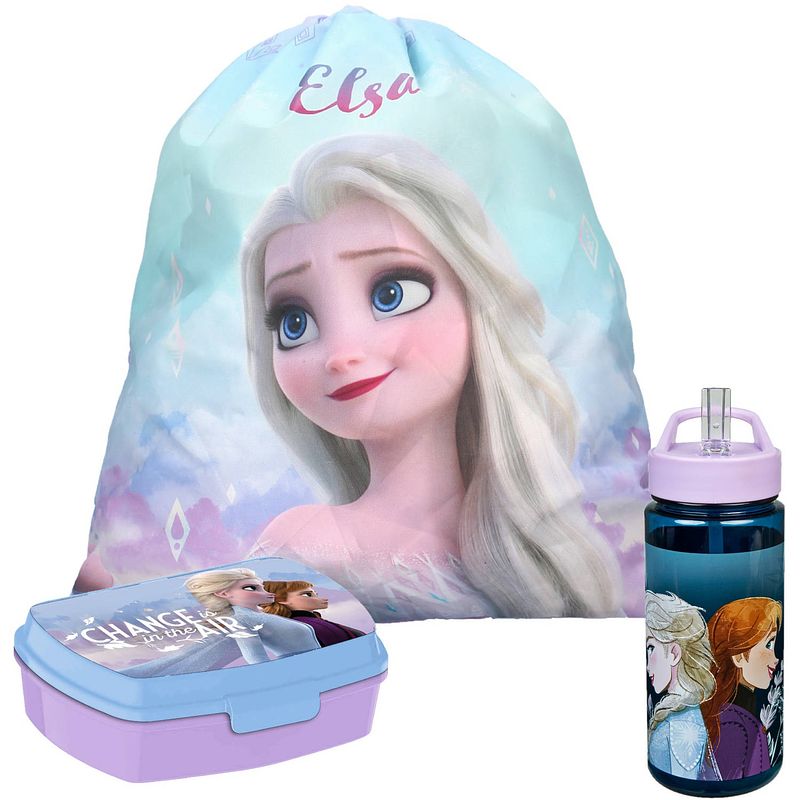 Foto van Disney frozen lunchbox set voor kinderen - 3-delig - blauw/lila - incl. gymtas/schooltas - lunchboxen