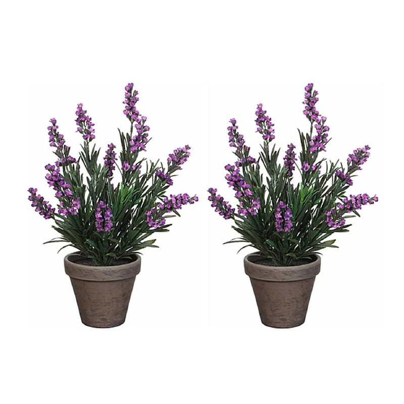 Foto van 2x stuks lavendel kunstplanten/kamerplanten paars in grijze sierpot h33 cm x d20 cm - kunstplanten/nepplanten