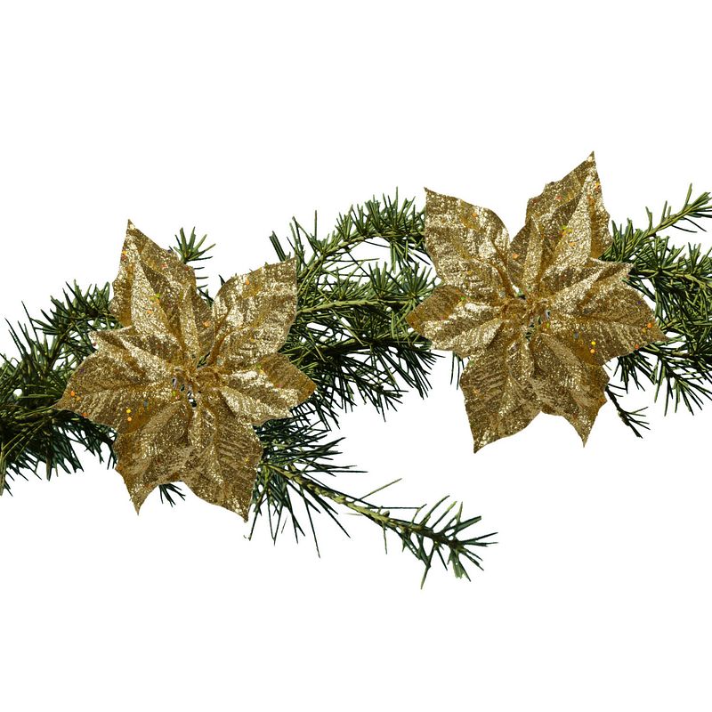 Foto van 2x stuks kerstboom decoratie bloemen goud glitter op clip 23 cm - kunstbloemen