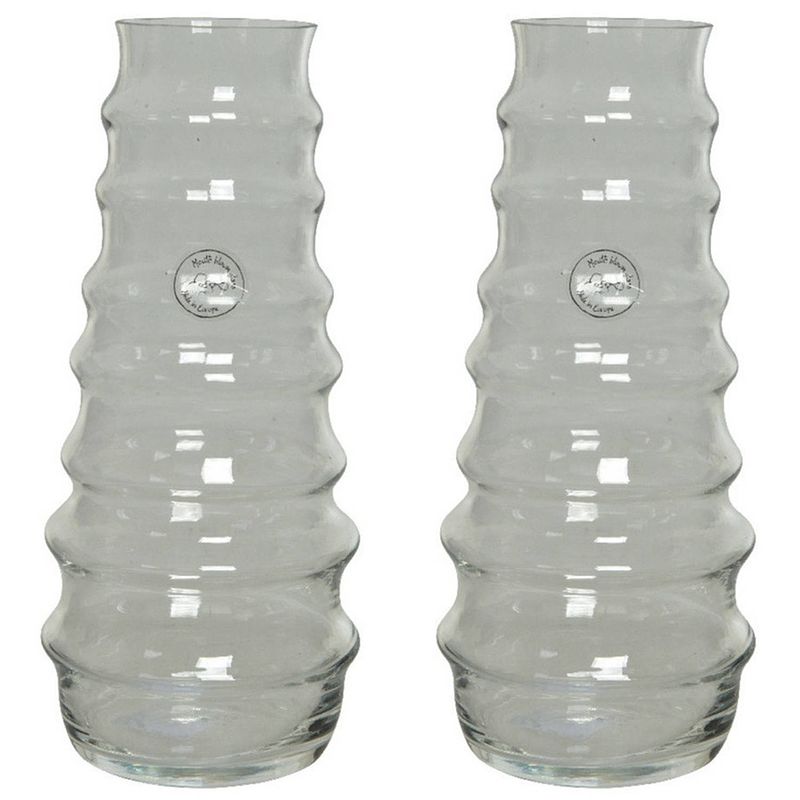 Foto van Set van 2x stuks handgemaakte vazen/bloemenvazen ribbel 3,5 liter van glas 13 x 30 cm - vazen