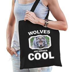 Foto van Katoenen tasje wolves are serious cool zwart - wolven/ wolf cadeau tas - feest boodschappentassen