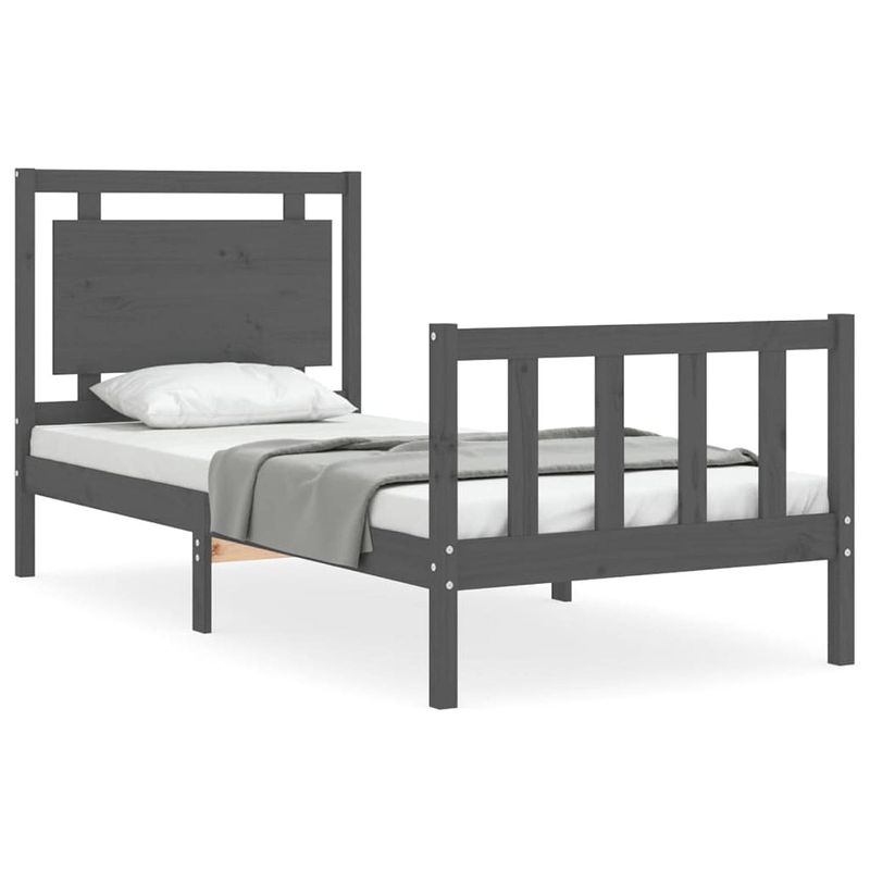 Foto van The living store bedframe massief grenenhout - grijs 195.5x95.5x100cm - multiplex lattenbodem - functioneel hoofd- en