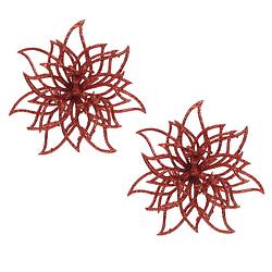 Foto van 2x stuks decoratie bloemen kerstster rood glitter op clip 14 cm - kersthangers