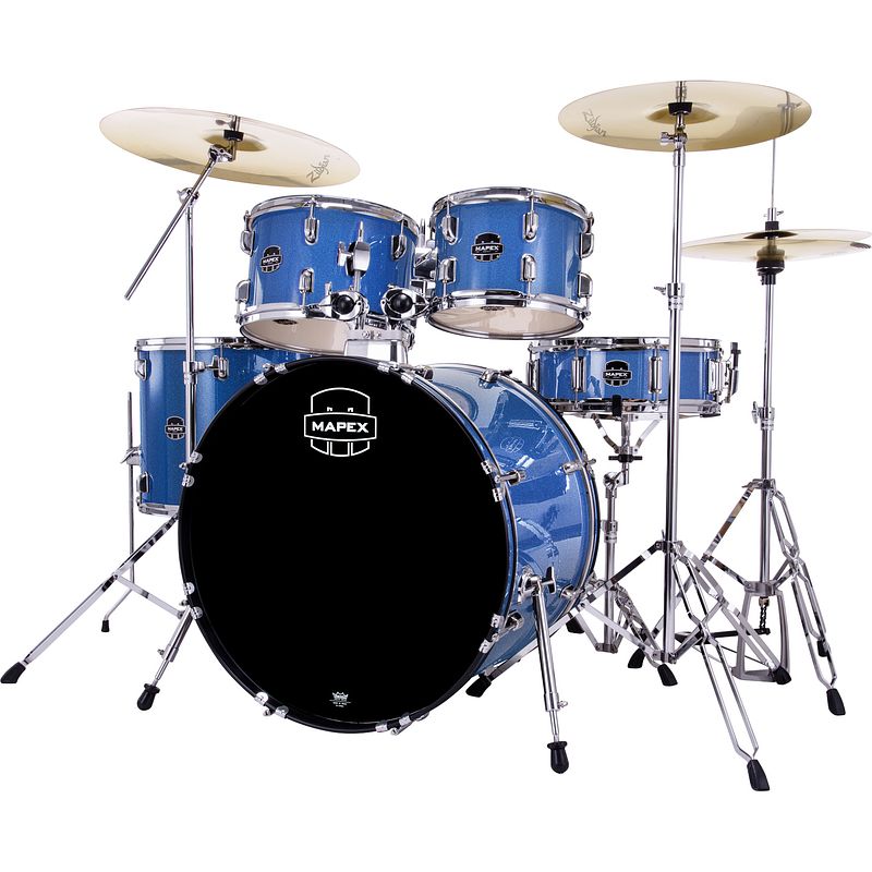 Foto van Mapex comet stage indigo blue 5d. drumstel met hardware en zildjian planet z bekkenset