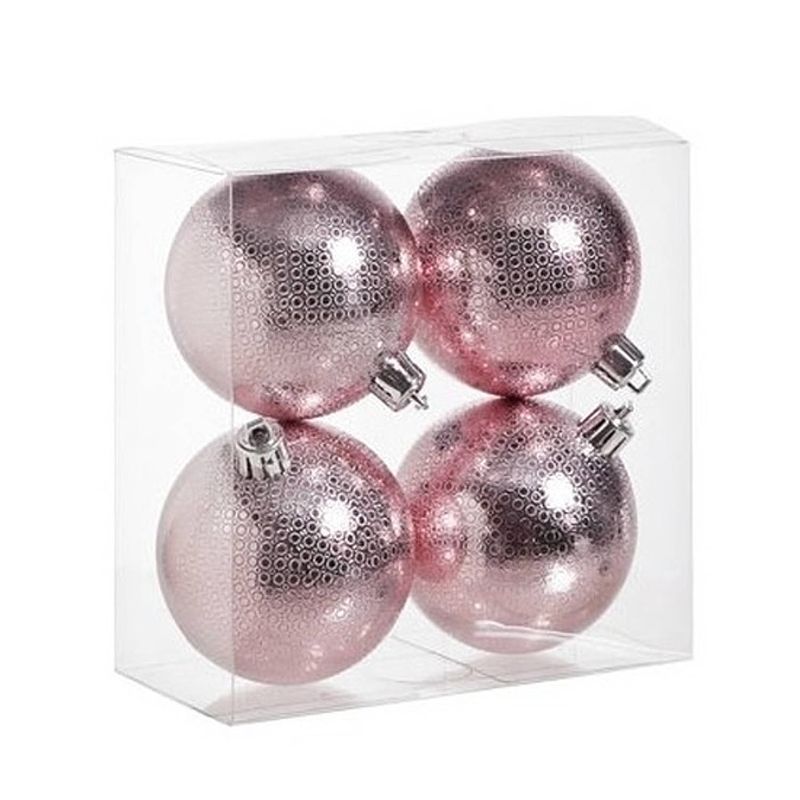 Foto van 12x kunststof kerstballen cirkel motief roze 8 cm kerstboom versiering/decoratie - kerstbal