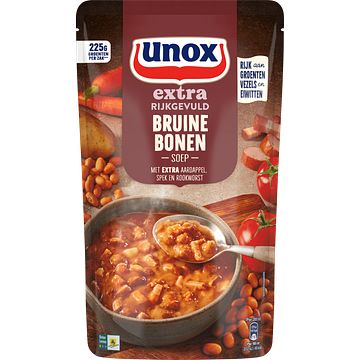 Foto van 2 zakken soep a 570 ml, pakken cupasoup a 3 stuks of single verpakkingen noodles of pasta | unox extra rijkgevuld soep in zak bruine bonen 570ml aanbieding bij jumbo