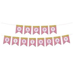 Foto van Funny fashion happy birthday thema feestslinger - verjaardag - roze/goud - 300 cm - papier - feestslingers
