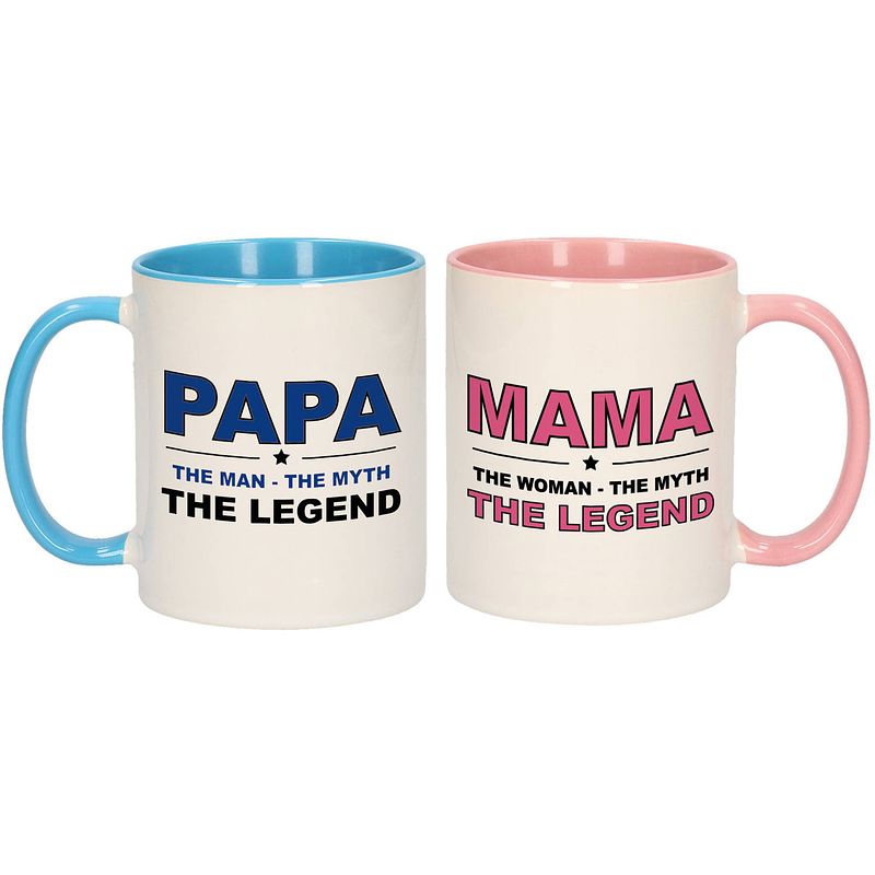 Foto van Papa en mama the legend mok met gekleurde binnenkant - cadeau beker set voor papa en mama - feest mokken