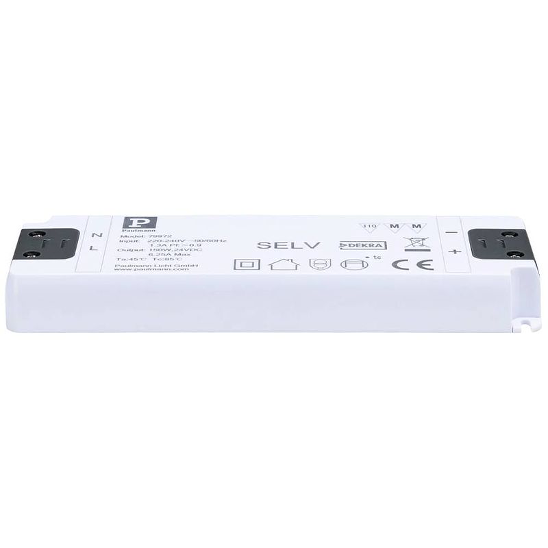 Foto van Paulmann 79972 power supply flat 24v dc 150va ip20 led-constante-spanningsbron 150 w (max) 6.25 a 24 v 230 v (b x h x d) 58 x 20 x 179 mm 1 stuk(s)