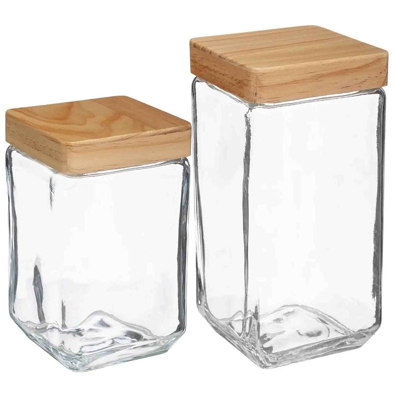 Foto van Keuken voorraadpotten glas met houten deksel - 2 formaten - 4x stuks - voorraadpot