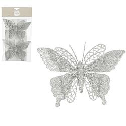 Foto van House of seasons kerst vlinders op clip - 2x st - zilver glitter - 16 cm - kersthangers