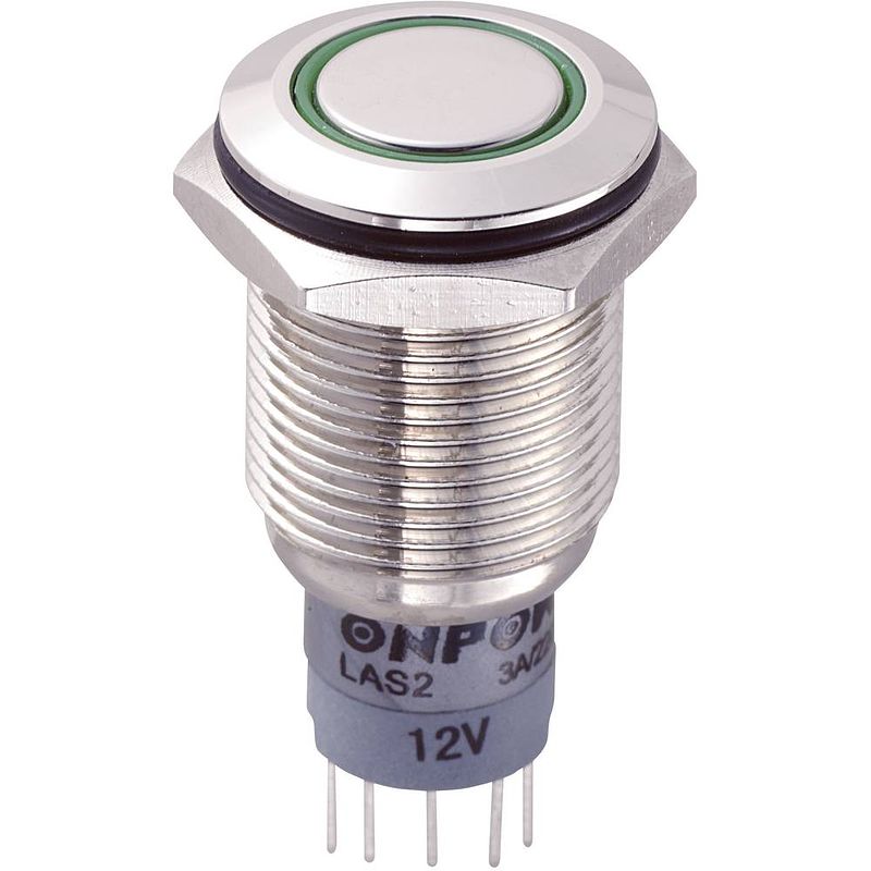 Foto van Tru components 701870 las2gqf-11e/g/12v/n/p vandalismebestendige druktoets 250 v/ac 3 a 1x aan/(aan) moment groen ip67 1 stuk(s)