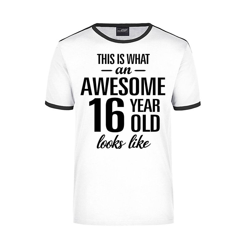 Foto van Awesome 16 year / 16 jaar wit/zwart ringer cadeau t-shirt voor heren m - feestshirts