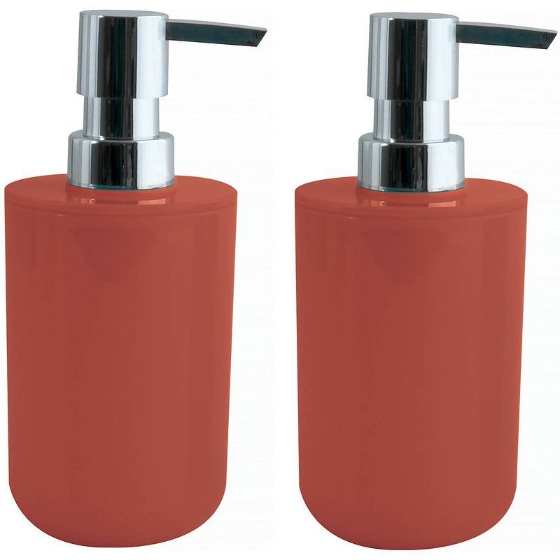 Foto van Msv zeeppompje/dispenser porto - 2x - ps kunststof - terracotta/zilver - 7 x 16 cm - 260 ml - zeeppompjes