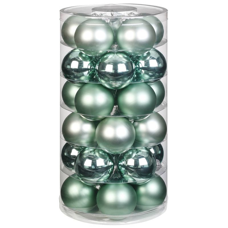 Foto van Tube met 30 mint groene kerstballen van glas 6 cm glans en mat - kerstbal