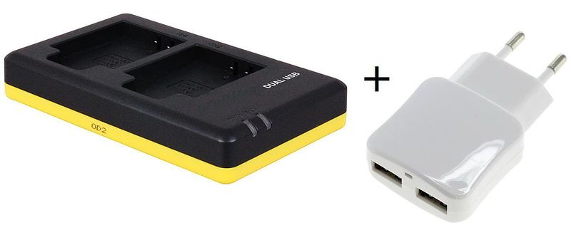 Foto van Duo lader voor 2 camera accu's olympus li-90b + handige 2 poorts usb 230v adapter