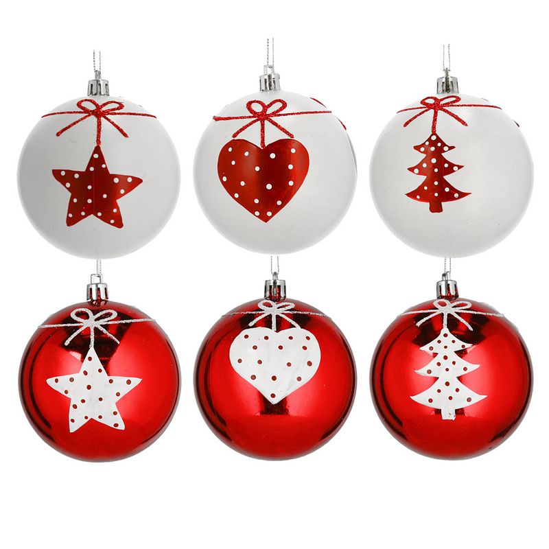 Foto van 6x stuks gedecoreerde kerstballen rood en wit kunststof 6 cm - kerstbal