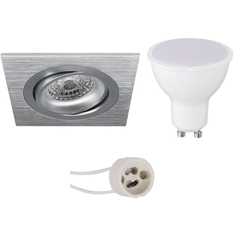 Foto van Led spot set - pragmi borny pro - gu10 fitting - inbouw vierkant - mat zilver - 6w - natuurlijk wit 4200k - kantelbaar -